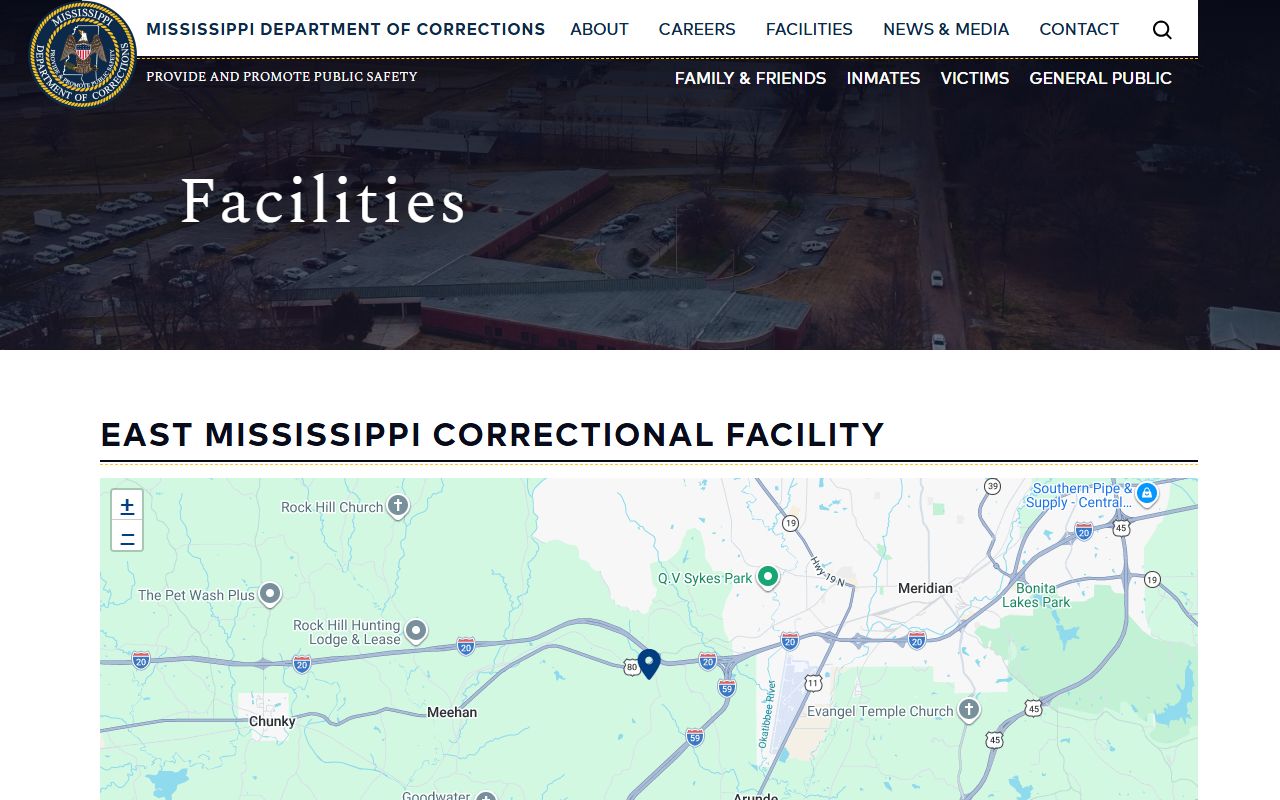 MDOC East Mississippi Correctional Facility page showing warden address phone and facility type
